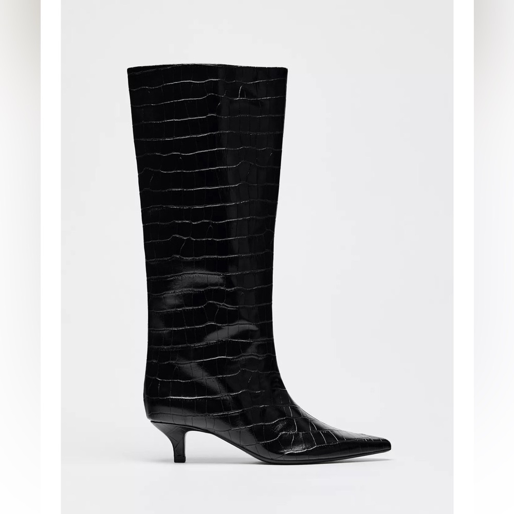 ZARA BLACK MOCK CROC KITTEN HEEL BOOT